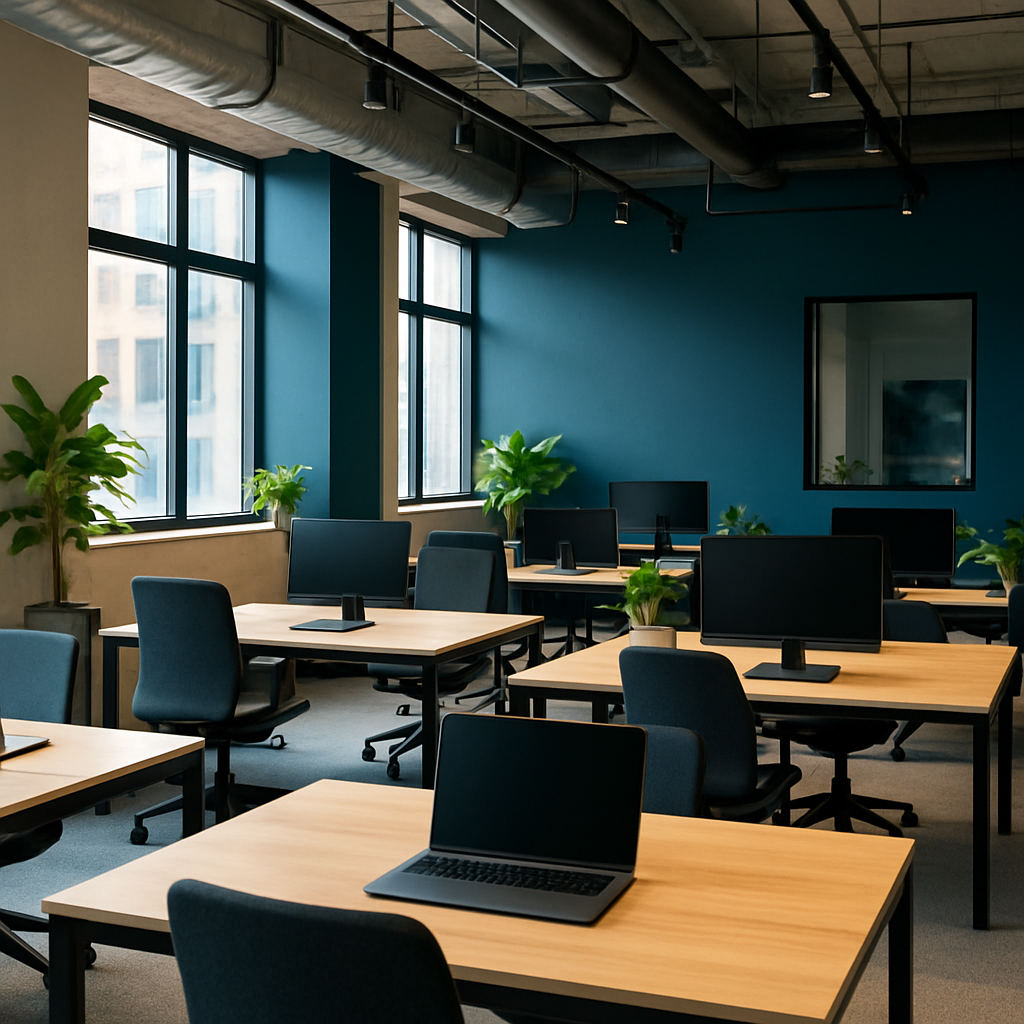 Modern startup office workspace with open plan desks and laptops